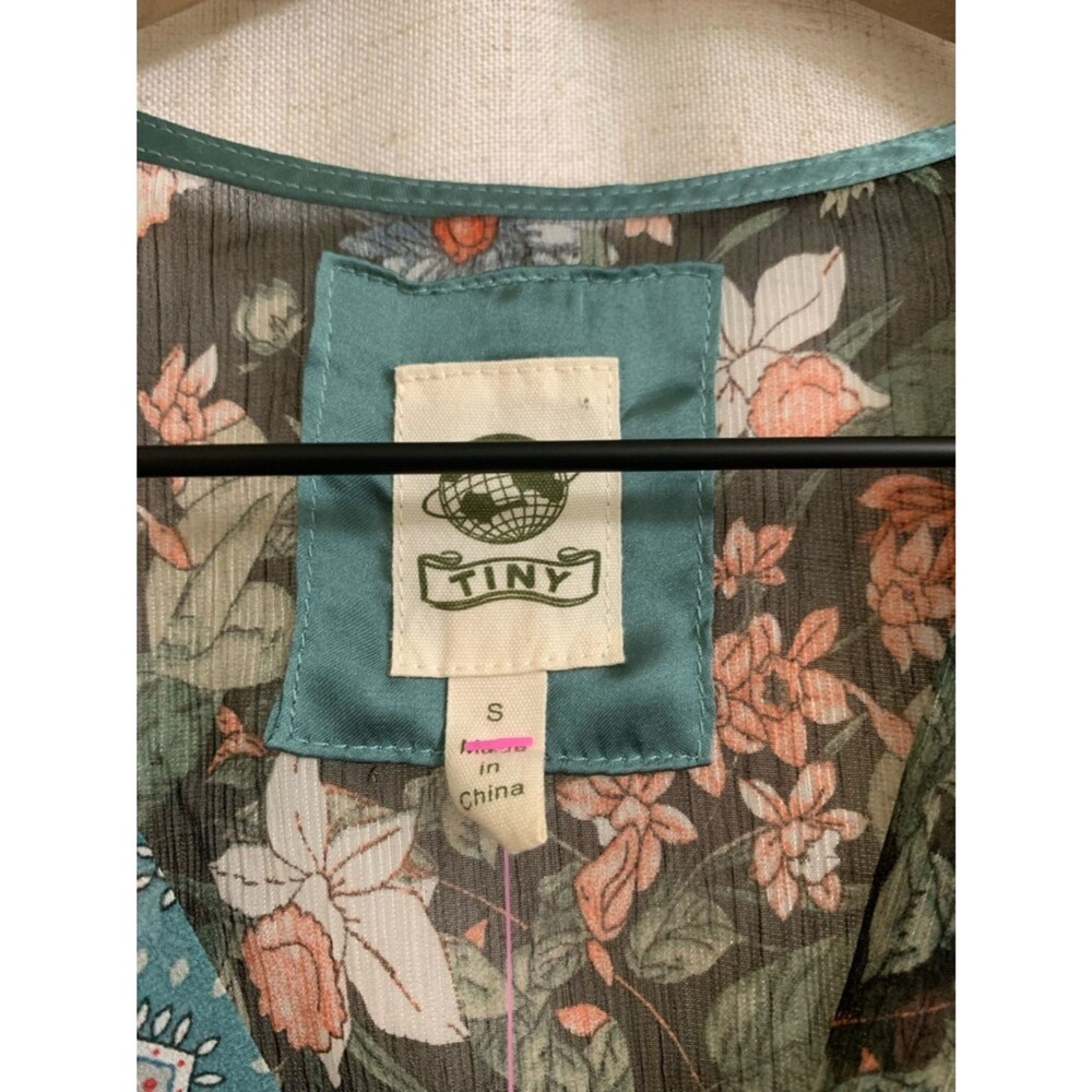 Anthropology Tiny Lovely Floral Patchwork Teal Short Sleeve Wrap Top Small Sheer - Picture 2 of 9
